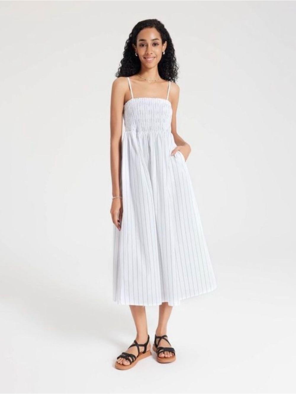 A New Day Smocked Midi Slip Dress Navy Blue Striped Medium